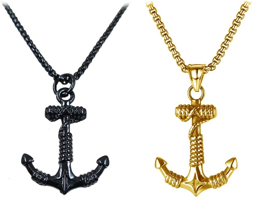 Nnpro Ship Rope Anchor Hook Fancy Black & Gold Pendant And Black & Gold Chain Black Silver, Gold-plated Stainless Steel Locket Set