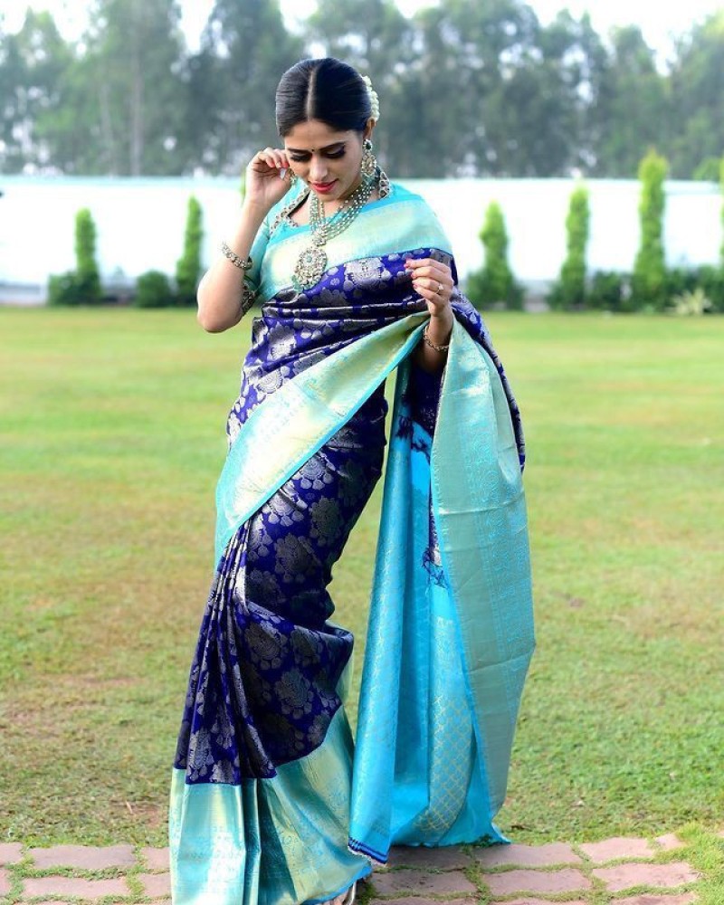 Buy AMALAK Woven Banarasi Silk Blend Dark Blue Sarees Online @ Best Price  In India