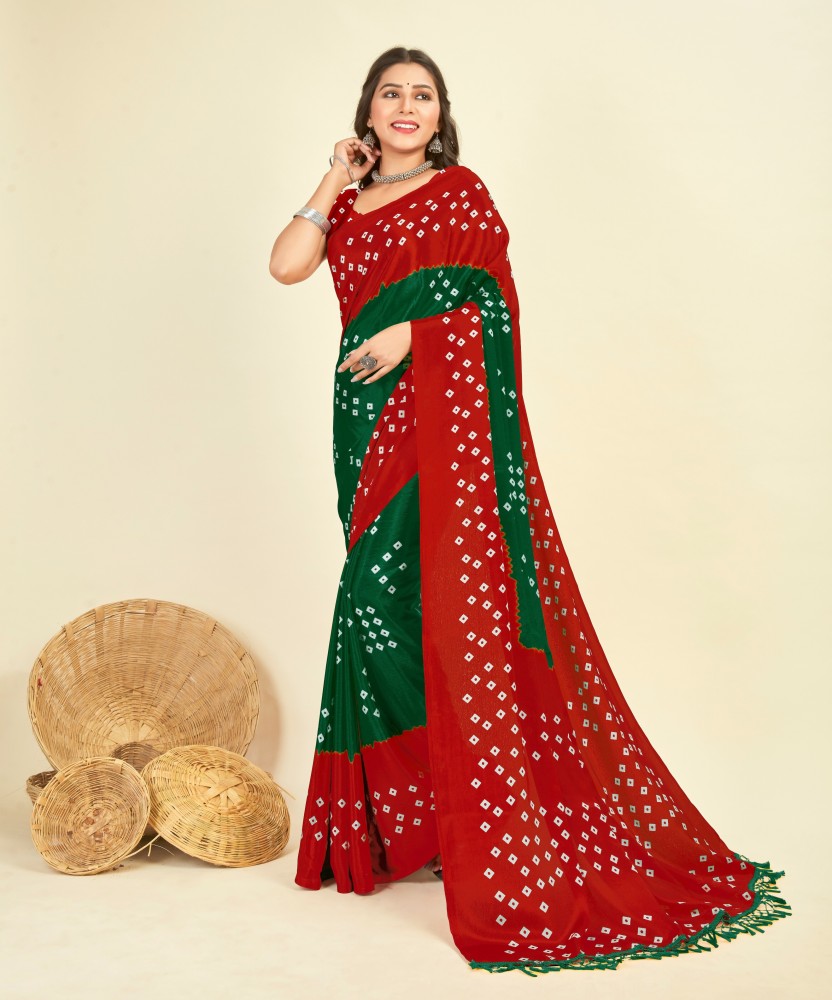 Jaanvi fashion Women's Red Chiffon Bandhani Printed Saree with