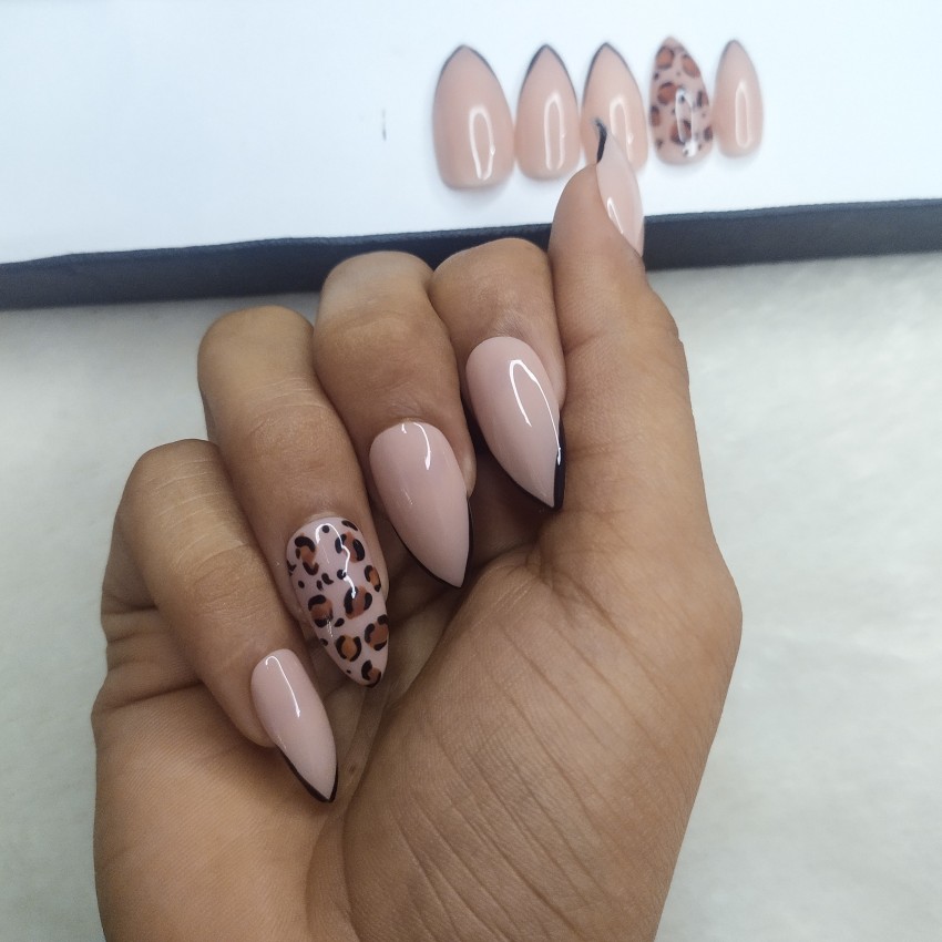 Glossy Nude French Animal Print Press on Fake Artificial Nails