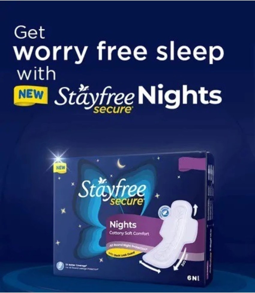 STAYFREE Secure Nights sanitary pads for women, cottony cover with 100%  leakage protection, 2x coverage for worry free sleep, 20 pads Sanitary Pad, Buy Women Hygiene products online in India