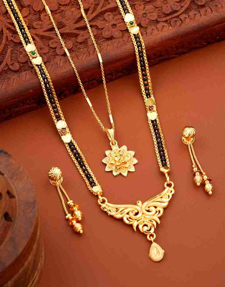 Jewel WORLD Combo of 2 Pcs One Gram Gold Long Mangalsutra 28 inch and One chain with earring Brass Metal Mangalsutra Price in India Buy Jewel WORLD Combo of 2 Pcs