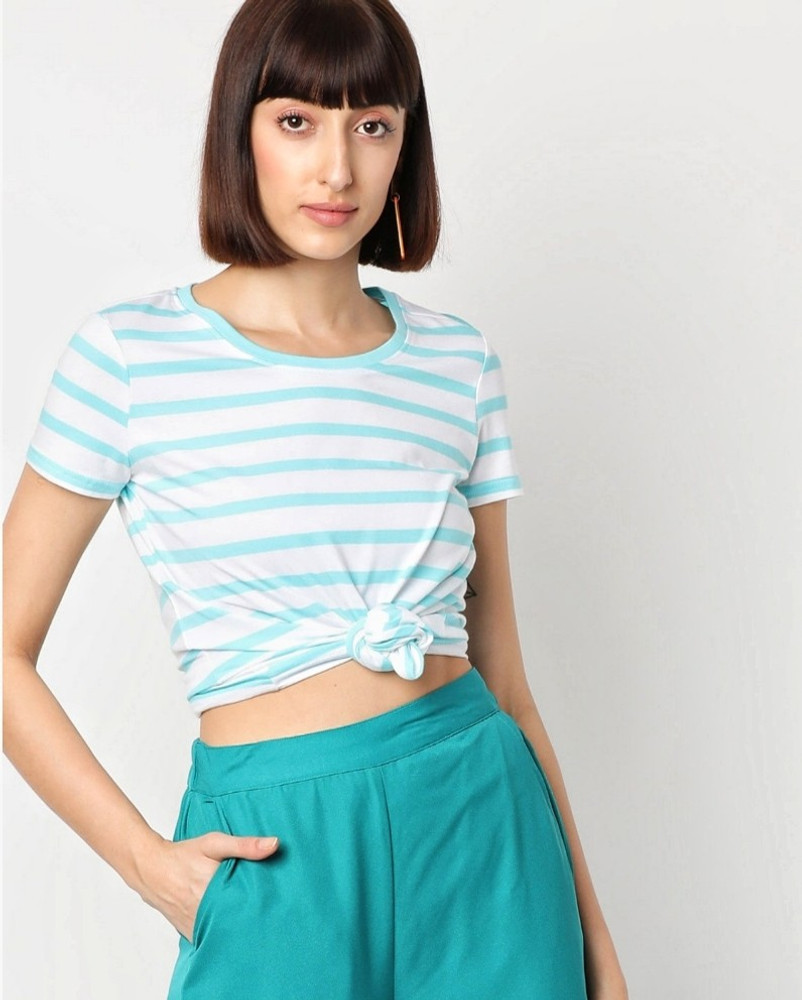 TEAMSPIRIT Striped Women Round Neck Light Blue T Shirt Buy
