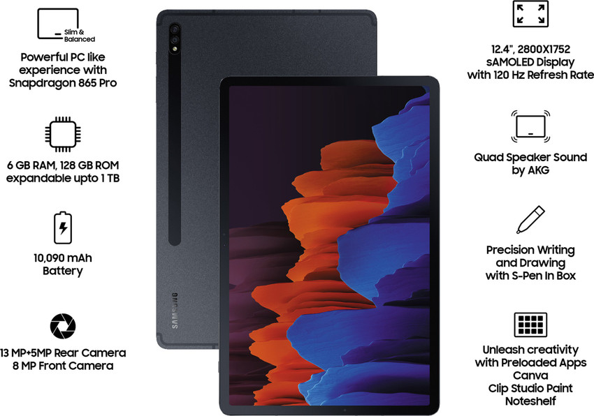 SAMSUNG Galaxy Tab S7+ With Stylus 6 GB RAM 128 GB ROM 12.4 inch with Wi-Fi Only Tablet (Mystic Black) SAMSUNG Galaxy Tab S7+ With Stylus 6 GB RAM 128 GB ROM 12.4 inch with Wi-Fi Only Tablet (Mystic Black)