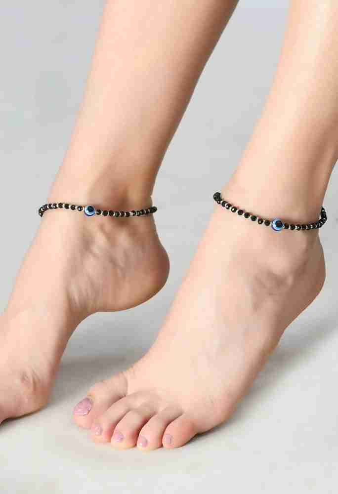 Indian Traditional Womens Black Thread Knot Evil Eye Anklets Set Of 3