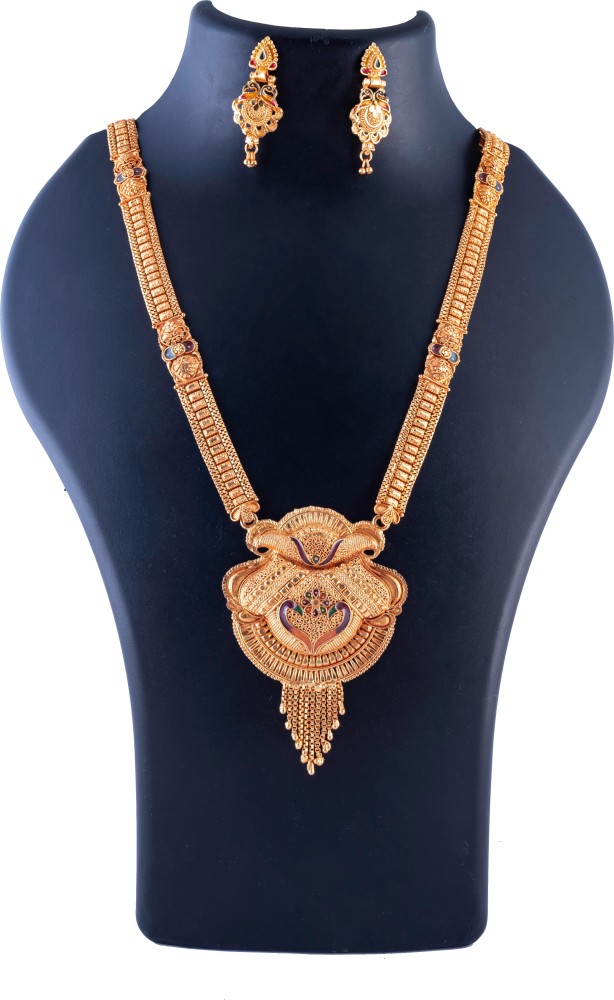 Yuvikrissh Elegant High Gold Rani Haar With Micro Gold Plated Jewellery Set For Women Cubic Zirconia Gold-plated Plated Alloy Necklace Set