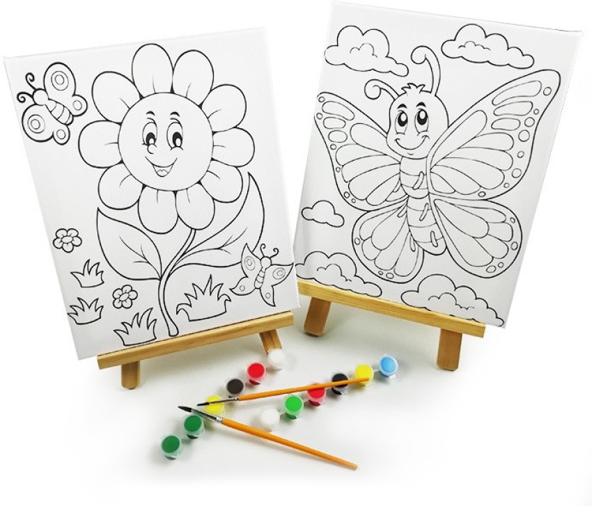 Paaroots Kids Painting Set Including 1 Mini Pre- Drawn Canvas  Panel Easel and 6 