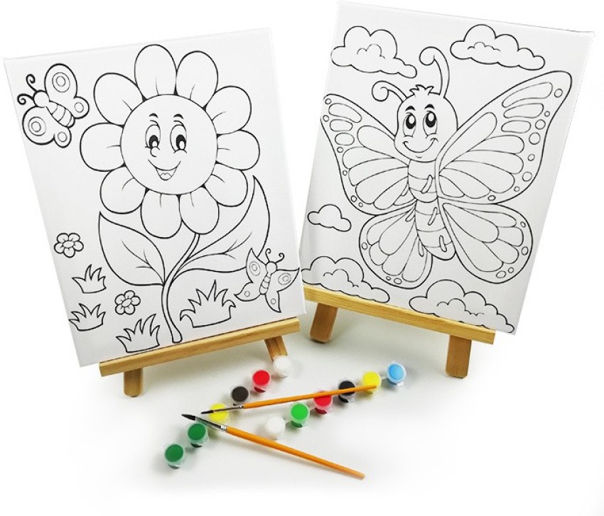 Pack of 1 Kids Painting Set Including 1 Mini Pre- Drawn Canvas Panel with  Easel and