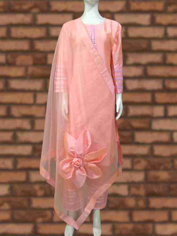 Women Self Design Cotton Straight Kurti Pant Set (White Pink