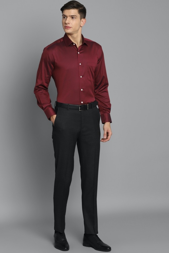 burgundy shirt gray pants