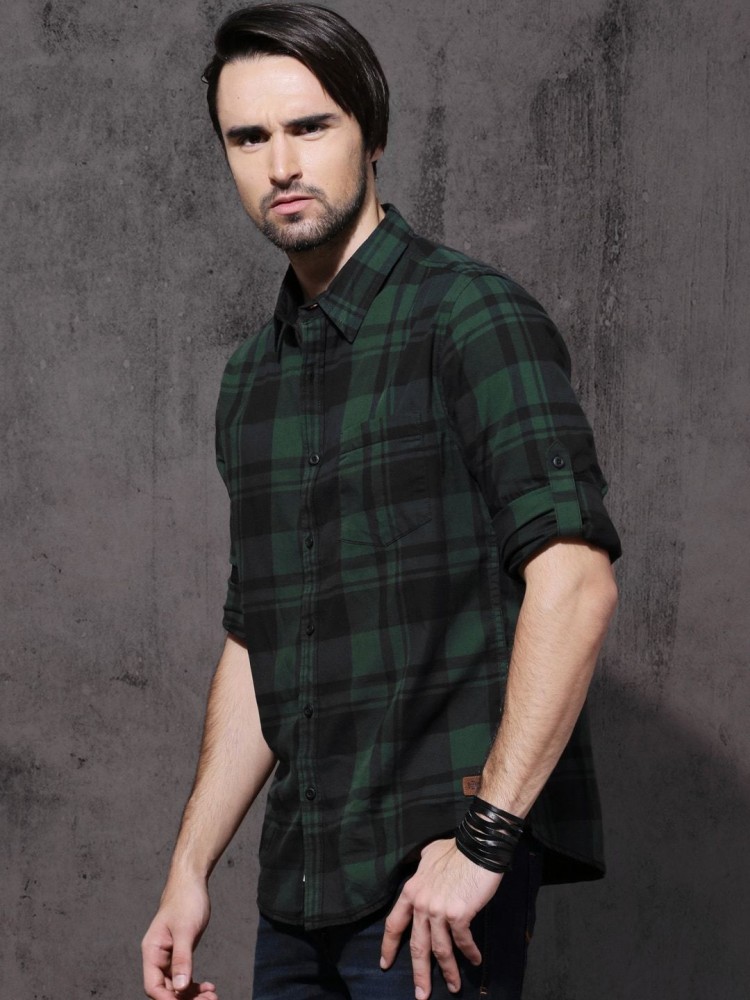 black green check shirt