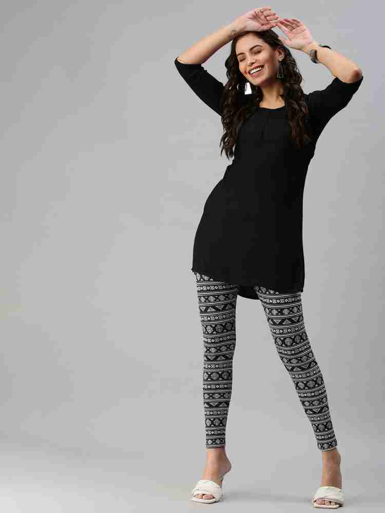 Buy De Moza Women Black Printed Cotton Ankle Length Leggings