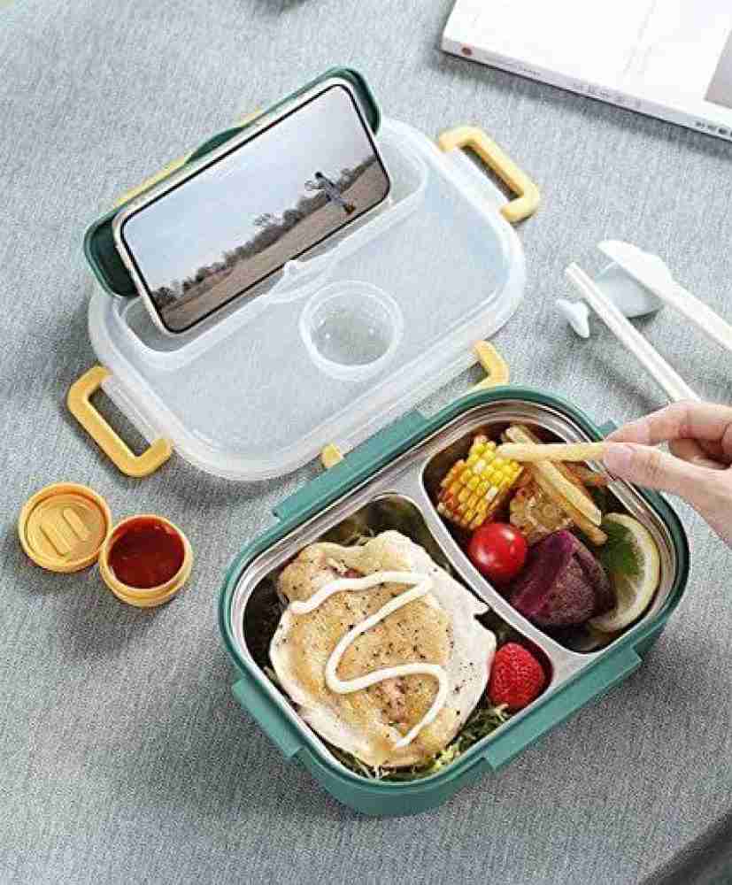 Dhyanshi Lifestyle 2 Compartment Stainless Steel Lunch Box  with Spoon & Chopsticks for Kids/Adult 2 Containers Lunch Box 