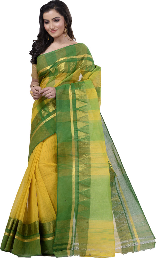 Buy Ruuprekha Printed Tant Pure Cotton Yellow Sarees Online Best