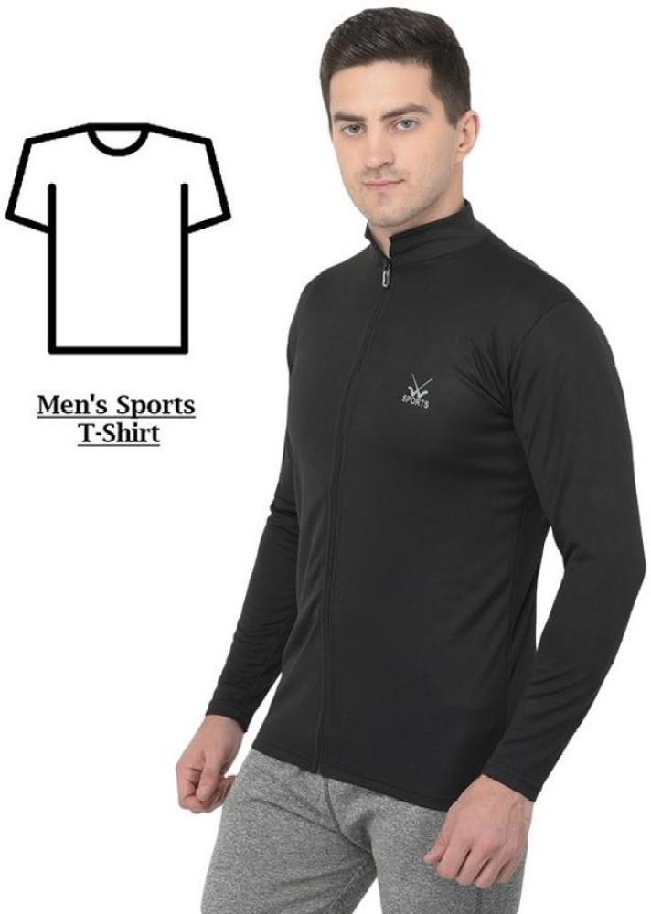 W Sports Self Design Men Zip Neck Black T-Shirt - Buy W Sports Self Design  Men Zip Neck Black T-Shirt Online at Best Prices in India