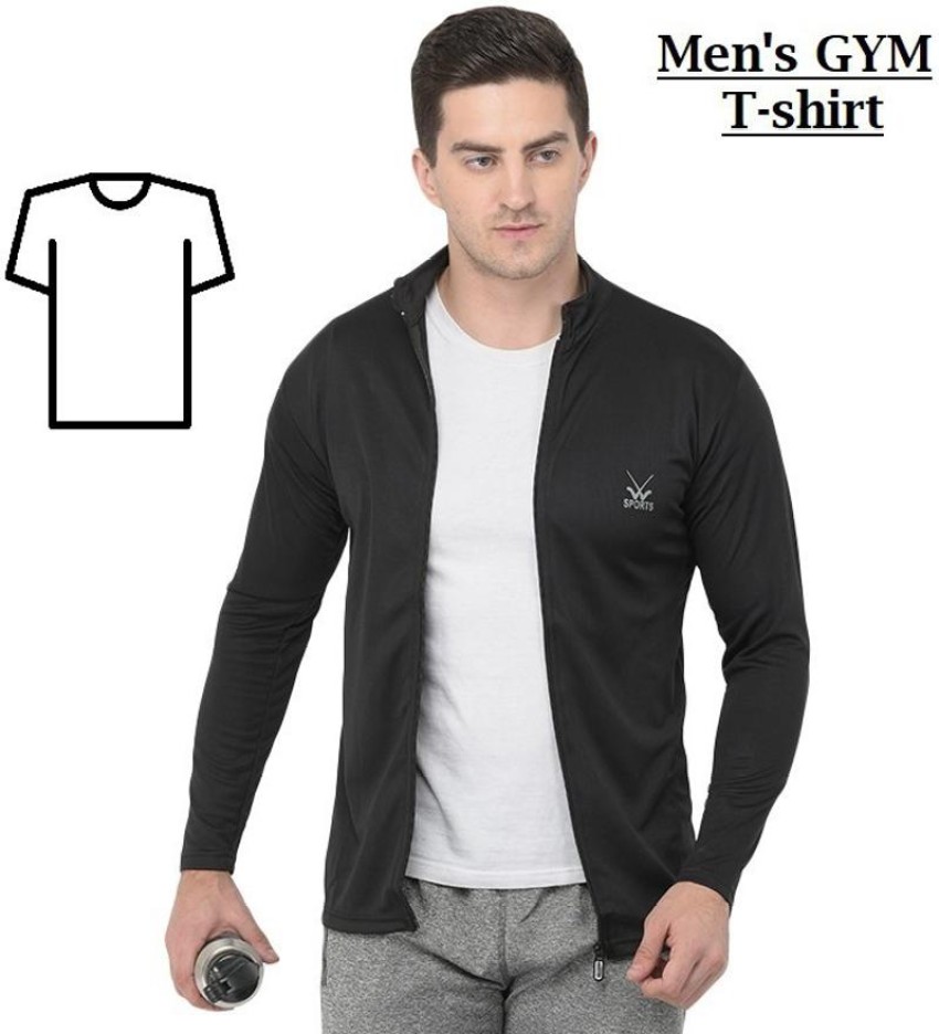 W Sports Self Design Men Zip Neck Black T-Shirt - Buy W Sports