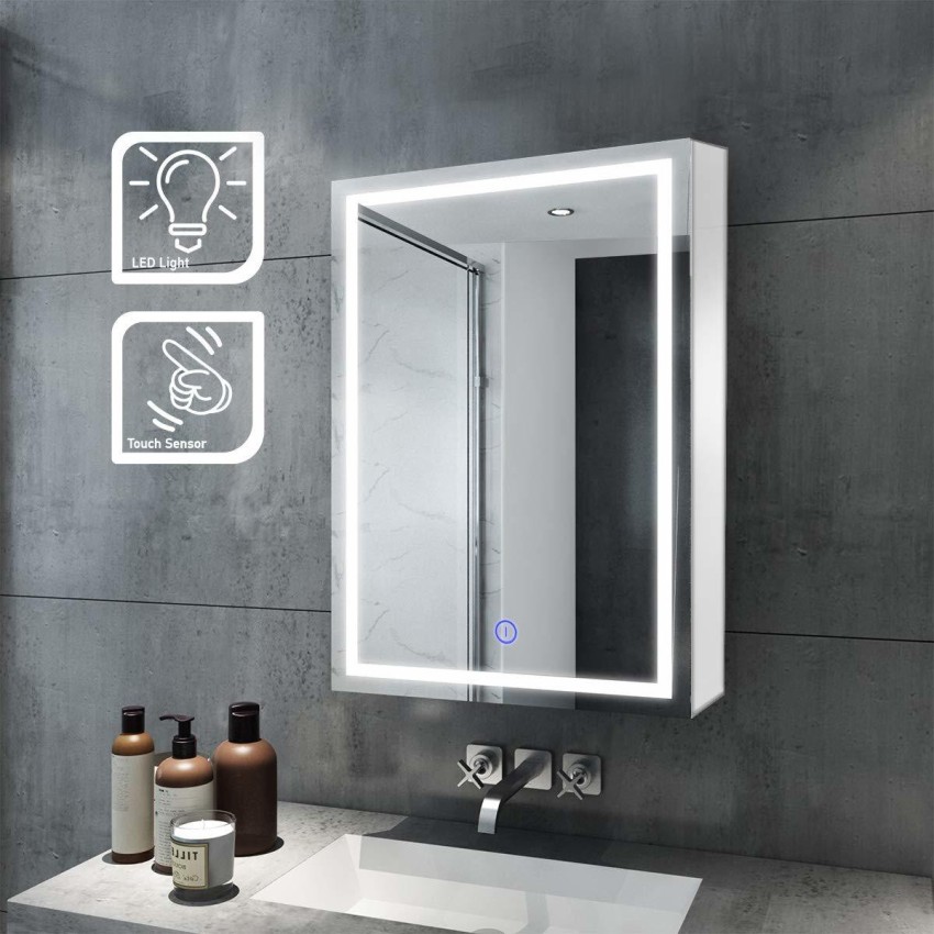 Plantex Platinum 304 Stainless Steel Bathroom Mirror Cabinet With Led Light 14x20 Wall Shelf In India
