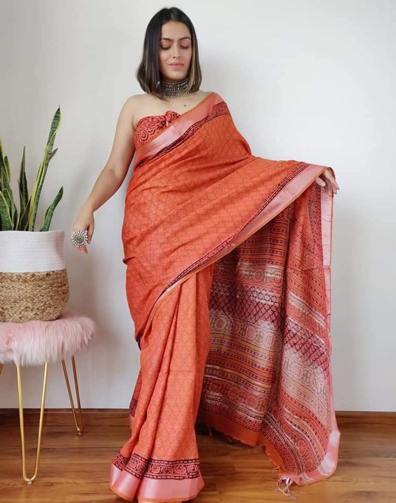 Buy FashionMall Printed Bollywood Cotton Linen Orange Sarees