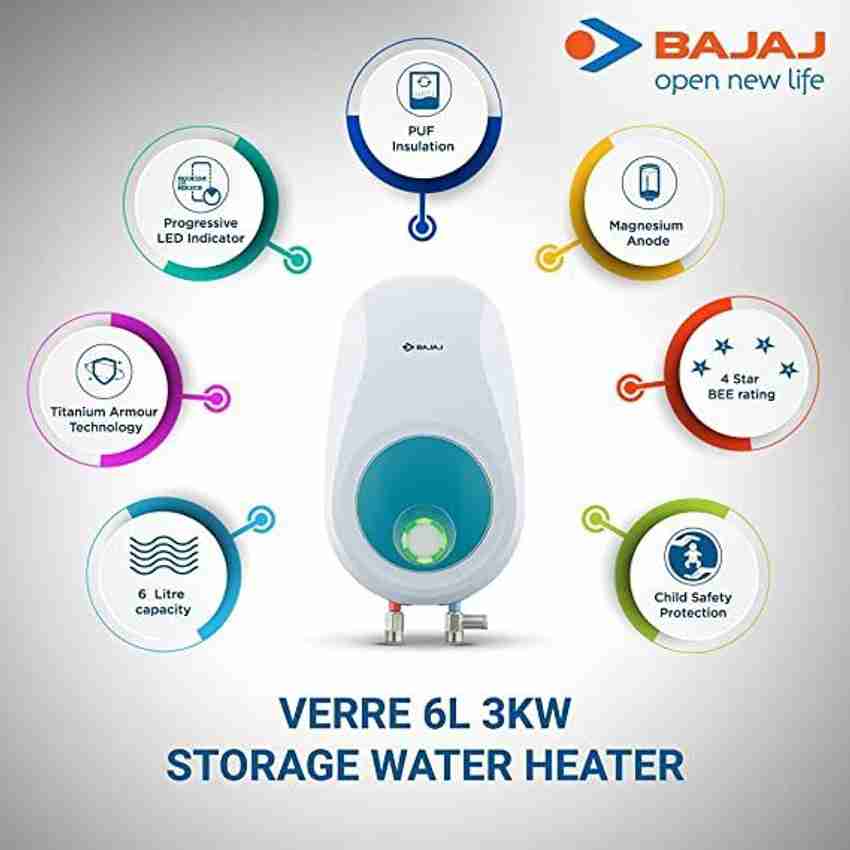 BAJAJ 6 L Storage Water Geyser (Verre 3kW 5 Star, White u0026 Blue) Price in  India - Buy BAJAJ 6 L Storage Water Geyser (Verre 3kW 5 Star, White u0026 Blue)  online at Flipkart.com