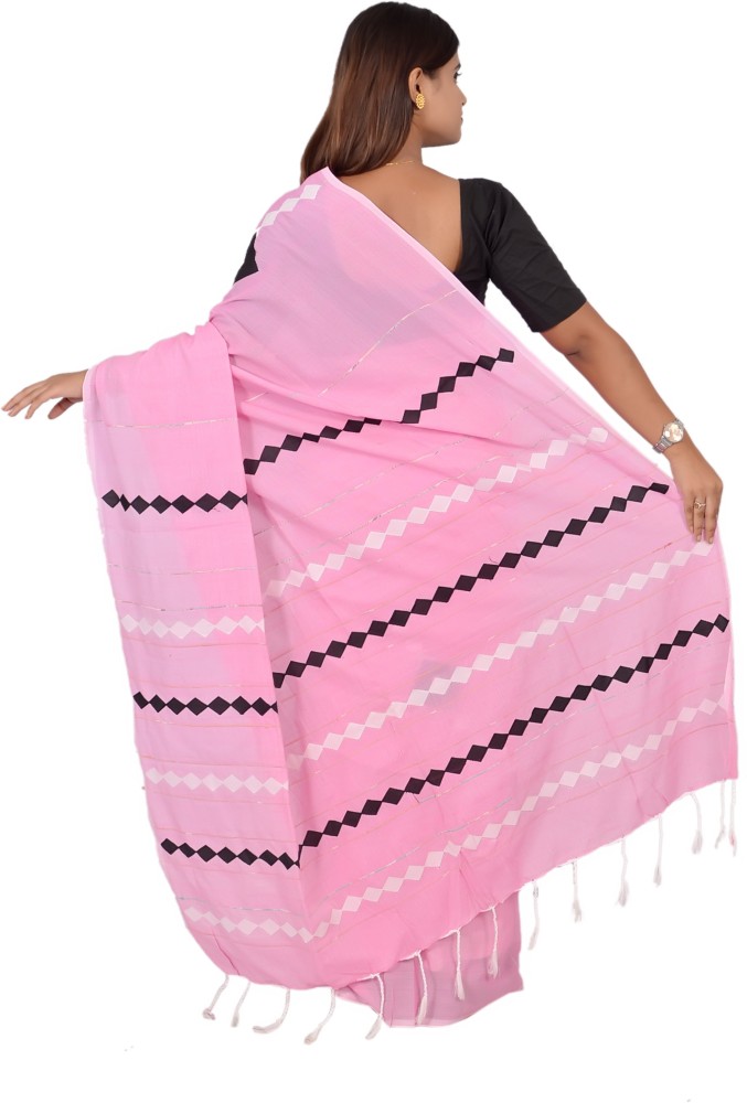 Buy SAYAN CREATION Striped Handloom Pure Cotton White, Pink Sarees