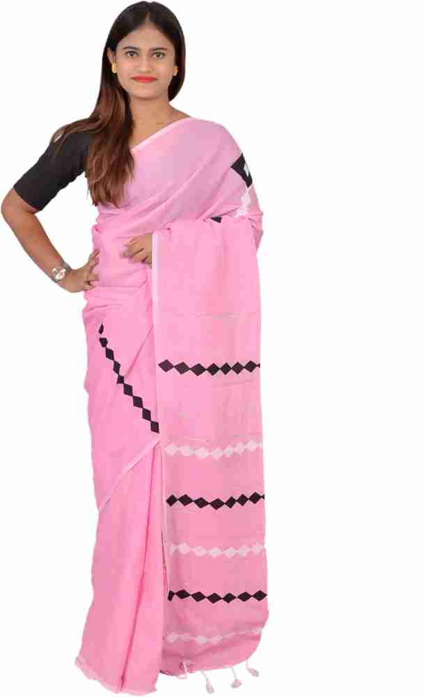 Buy SAYAN CREATION Striped Handloom Pure Cotton White, Pink Sarees