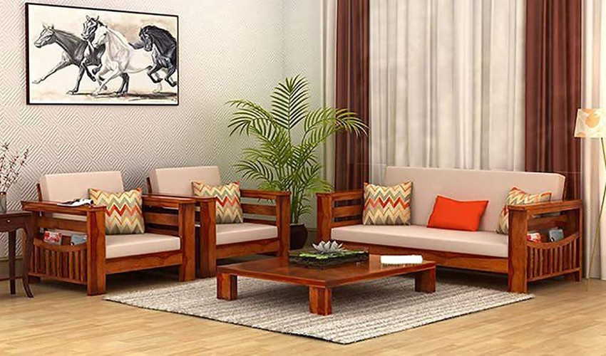 Living room with online wooden sofa