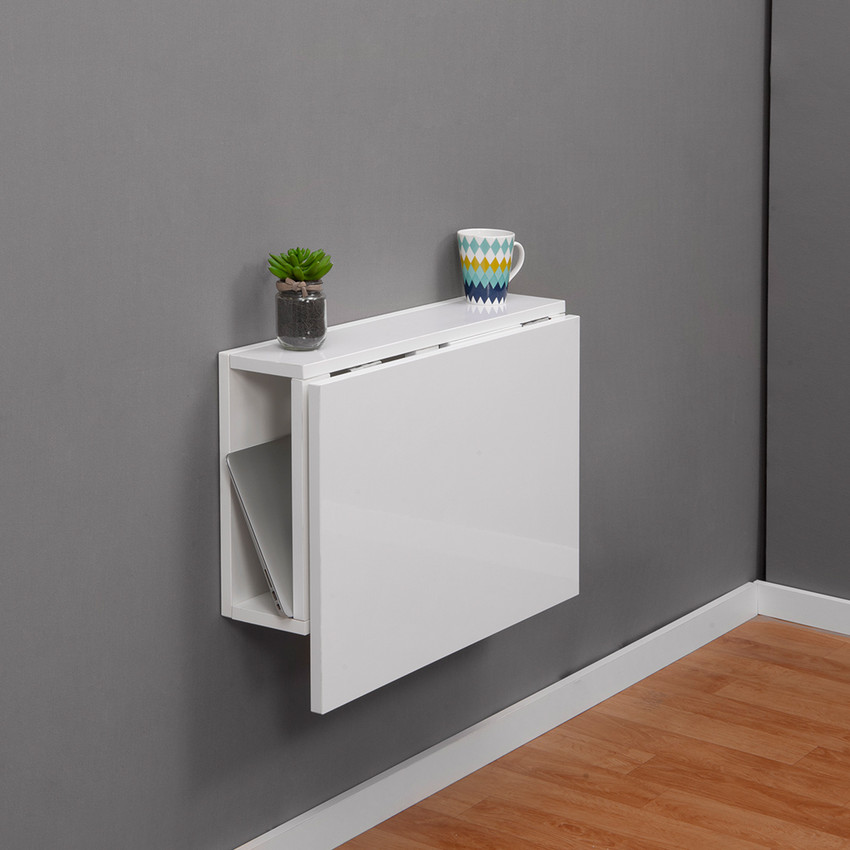 Foldable table attached to new arrivals wall
