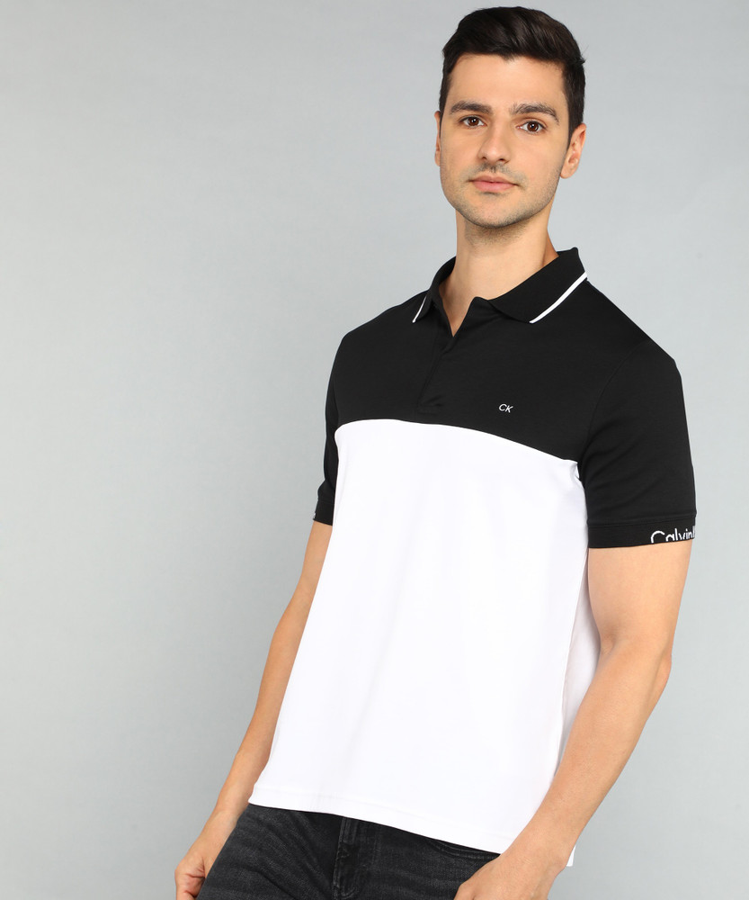 Calvin Klein Jeans Colorblock Men Polo Neck White Black T Shirt