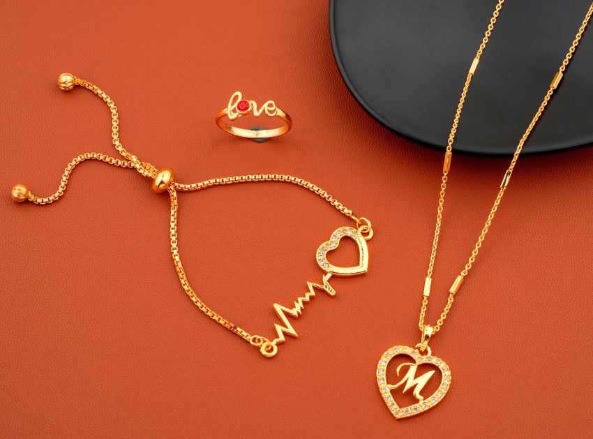 M LETTER NAME Heart Shape With name gold plated chain for girls