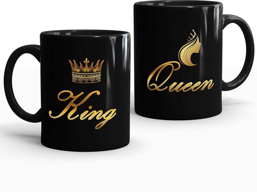 GiftByStyle King Queen Black Printed Couple Cup, Coffee/Tea Cup set Ideal  for Husband & Wife,Couple,Lovers Anniversary , Birthday Gift , Valentine