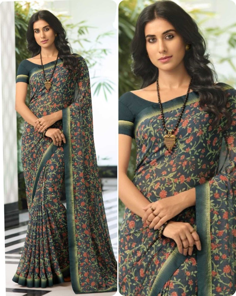 Buy peer store Printed, Self Design, Graphic Print, Floral Print,  Checkered, Solid/Plain Bollywood Georgette, Chiffon Green Sarees Online @  Best Price In India
