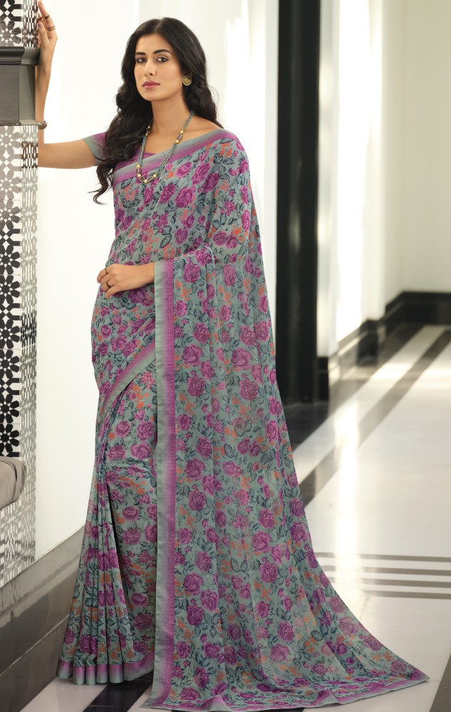 Buy peer store Printed, Self Design, Graphic Print, Floral Print,  Checkered, Solid/Plain Daily Wear Georgette, Chiffon Green Sarees Online @  Best Price In India