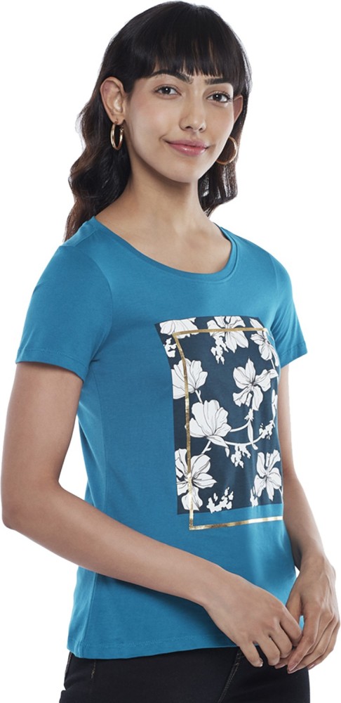 Honey By Pantaloons Floral Print Women Round Neck Blue T-Shirt