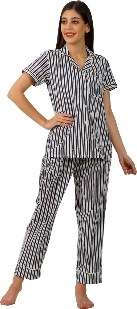 OMNEY Women Striped Black White Top Pyjama Set Price in India