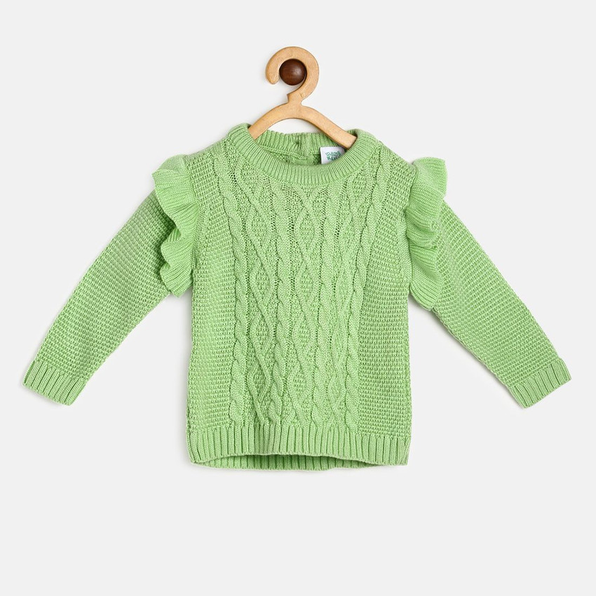 MINI KLUB Self Design Round Neck Casual Baby Girls Green Sweater