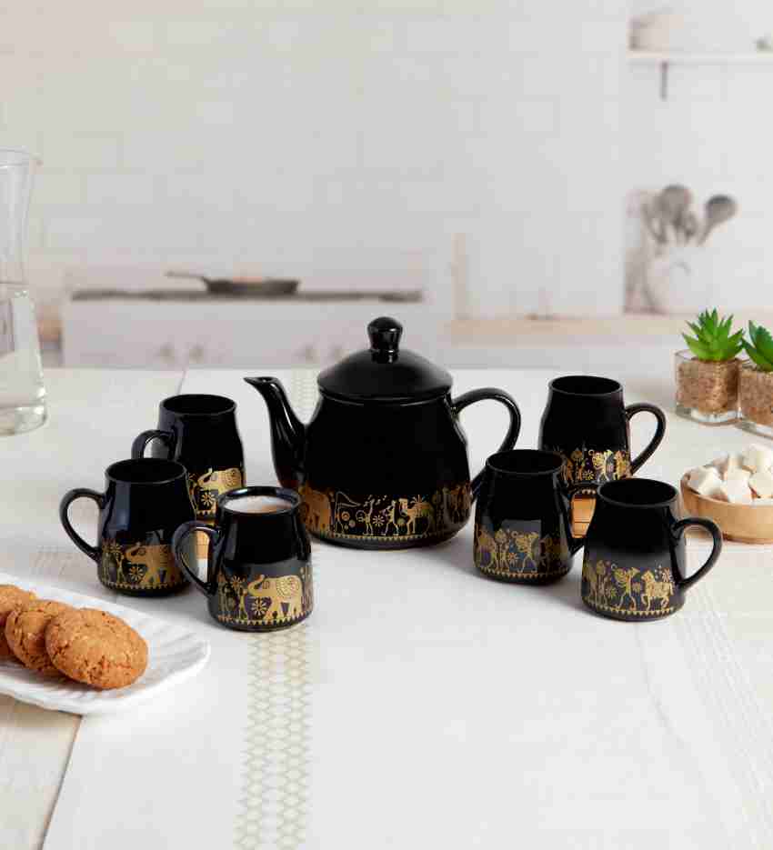 ROXX Pack of 7 Ceramic candy Morning Tea/Coffee 6 mug(180ml) & 1 Tea  Pot(600ml) multicolor