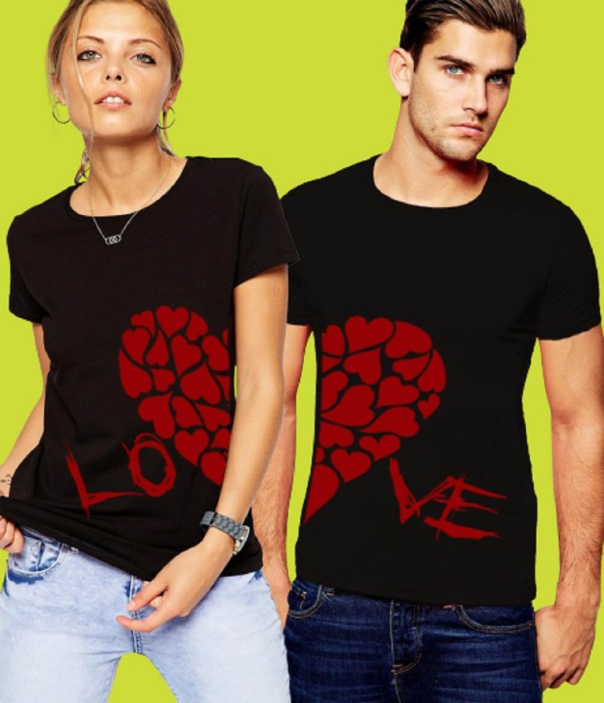 COUPLESTUFF.IN Printed Couple Round Neck Black T-Shirt - Buy