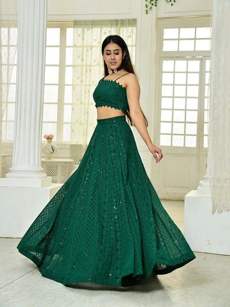 Embroidered Georgette Bottle Green Lehenga LLCV113498