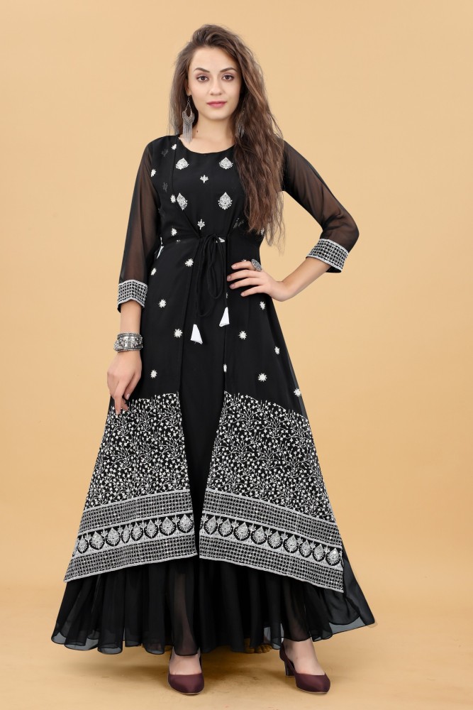 Women Embroidered Layered Georgette Ethnic Gown, Attached
