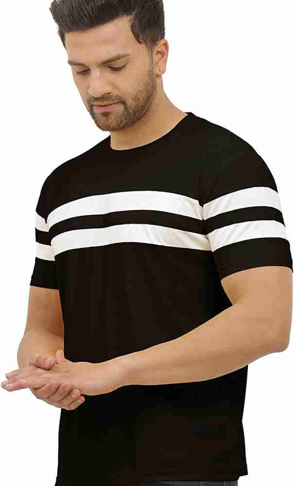 LIME Striped Men Round Neck Black T-Shirt - Buy LIME Striped Men