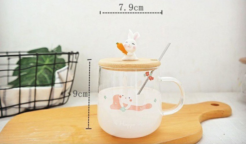 Cute Rabbit Mug Glass Mug with Spoon and Wood Lid