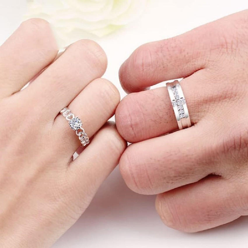 De Ultimate Adjustable Silver King And Queen Heart Design Nug Diamond Couple Finger Rings Stainless Steel Silver Plated Ring Set Price in India Buy De Ultimate Adjustable Silver King And Queen Heart D...