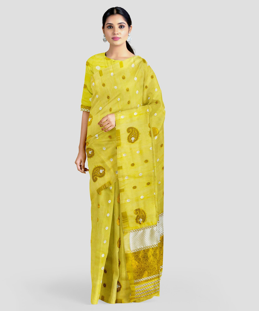 Buy kamdar Woven Mekhela Chador Cotton Blend Yellow Sarees Online