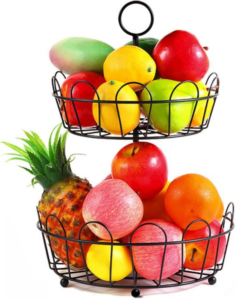 2-Tier Fruit Basket with Banana Hanger, Fruit Bowl for Kitchen Counter,  Metal Wire Basket for Vegetable Bread Onions Potatoes Snacks, Round, Black