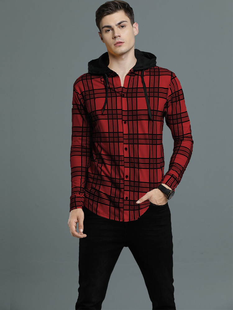 LEWEL Checkered Men Hooded Neck Red Black T Shirt