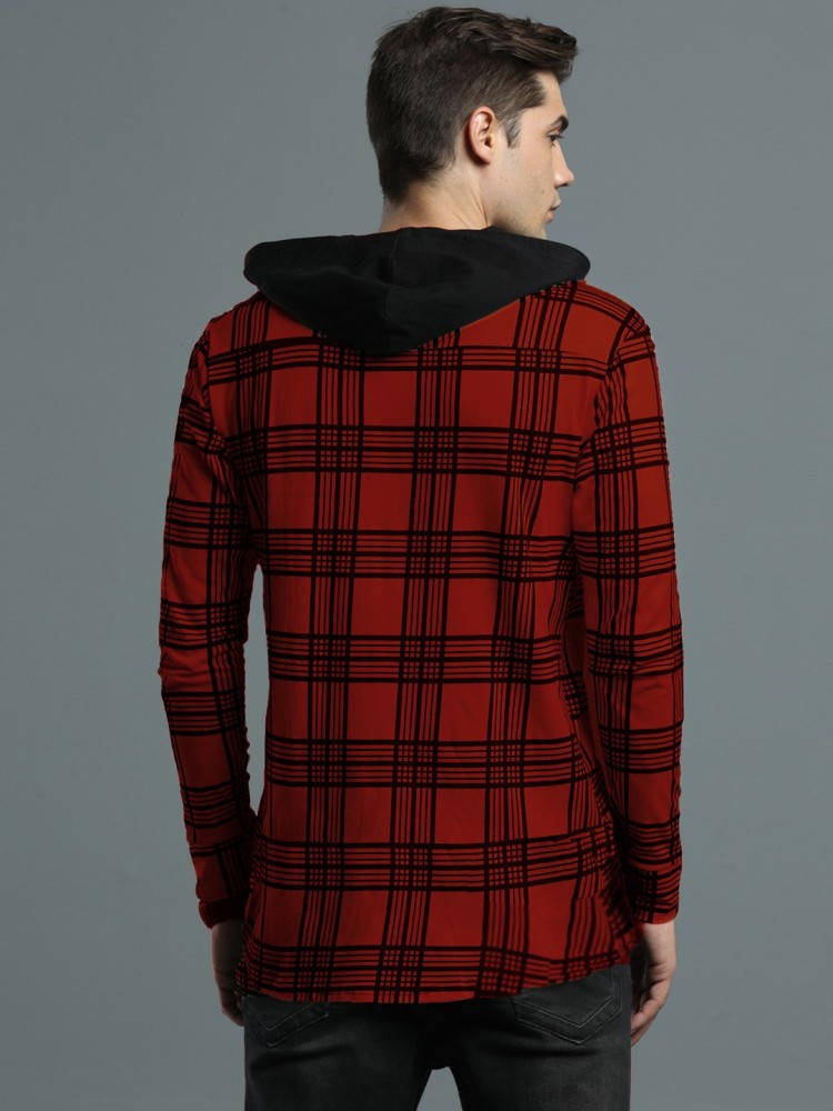 Red and black hot sale checkered hoodie mens