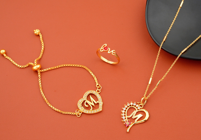 Jewel WORLD M name letter Diamond Pendant locket chain with