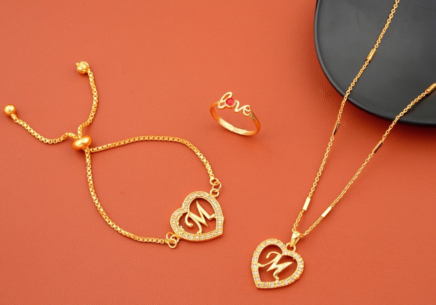 M LETTER NAME Heart Shape With name gold plated chain for girls