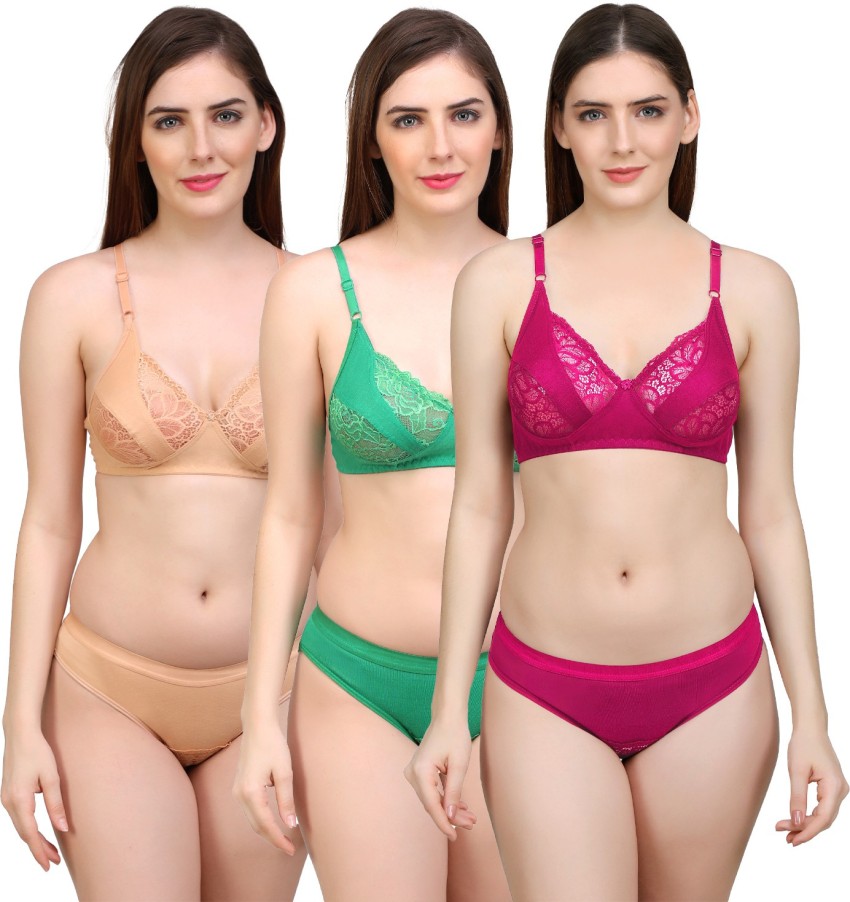 Emosis Bra & Panty Set Self Design Green, Pink, Blue, Gold