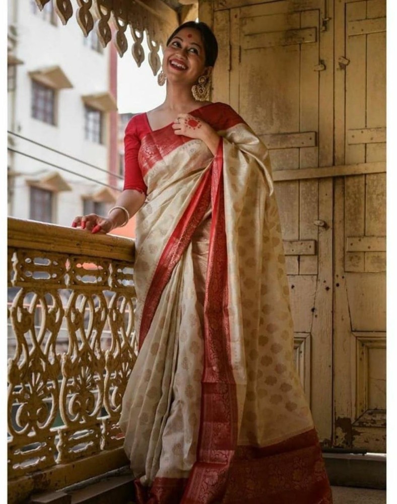 Cream Banarasi Tissue Silk Saree - Shaaola.com